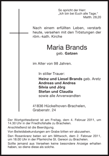 Traueranzeige von Maria Brands von Aachener Zeitung / Aachener Nachrichten