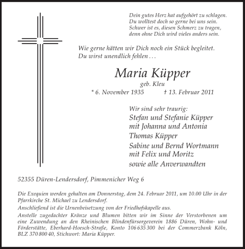  Traueranzeige für Maria Küpper vom 19.02.2011 aus Aachener Zeitung / Aachener Nachrichten