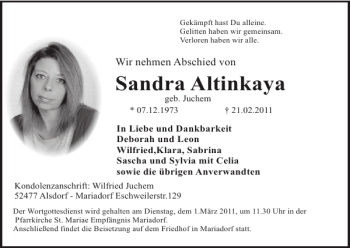 Traueranzeige von Sandra Altinkaya von Super Sonntag / Super Mittwoch