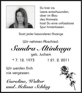 Traueranzeige von Sandra Altinkaya von Super Sonntag / Super Mittwoch