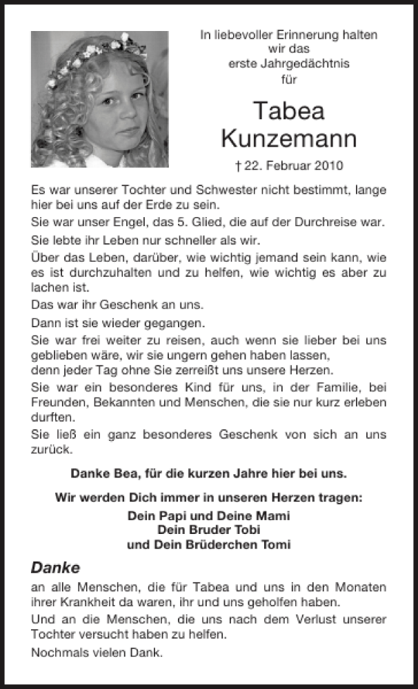 Traueranzeige für Tabea Kunzemann vom 22.02.2011 aus Aachener Zeitung / Aachener Nachrichten