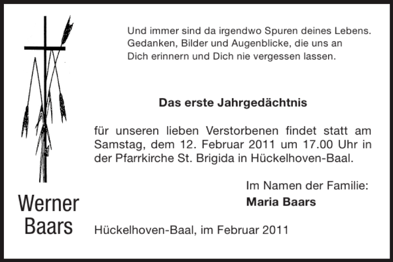  Traueranzeige für Werner Baars vom 06.02.2011 aus Super Sonntag / Super Mittwoch