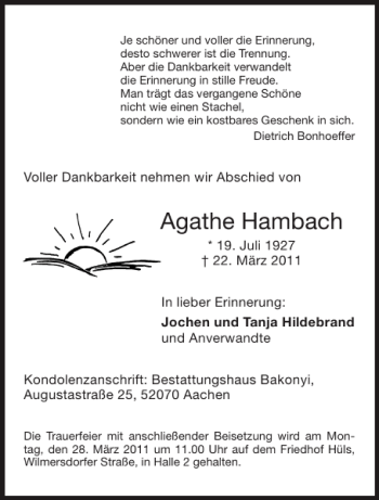 Traueranzeige von Agathe Hambach von Aachener Zeitung / Aachener Nachrichten