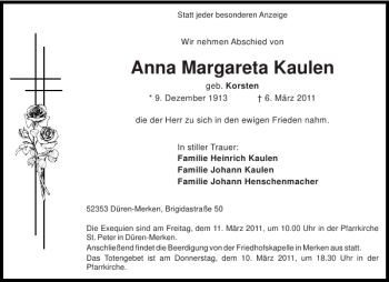 Traueranzeige von Anna Margareta Kaulen von Aachener Zeitung / Aachener Nachrichten