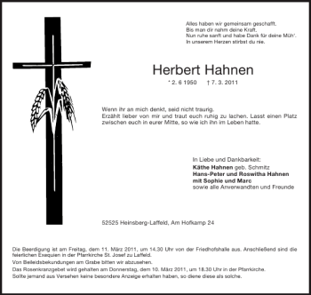 Traueranzeige von Herbert Hahnen von Aachener Zeitung / Aachener Nachrichten