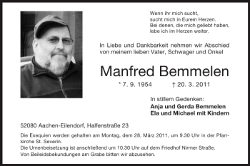 Traueranzeige von Manfred Bemmelen von Super Sonntag / Super Mittwoch