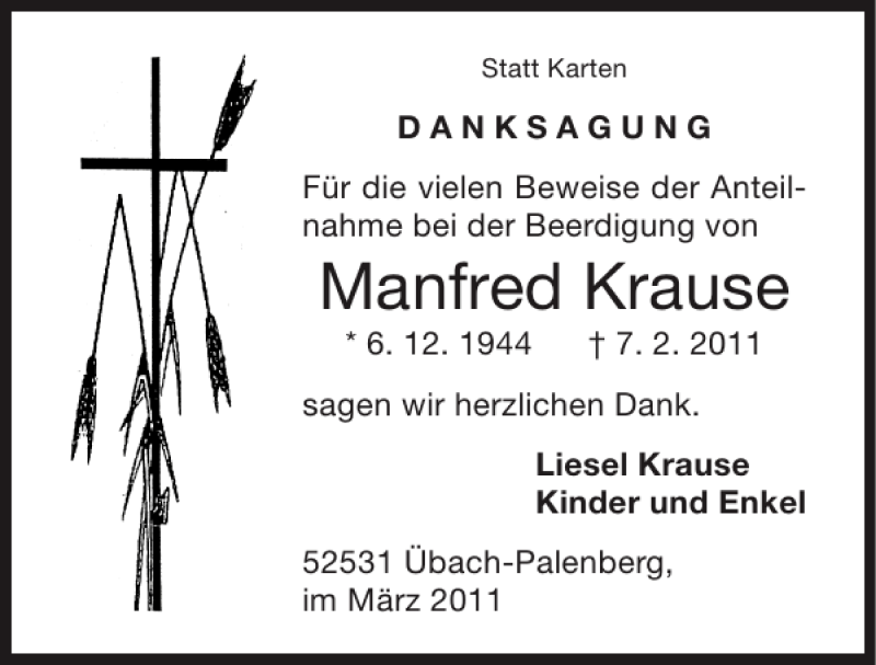  Traueranzeige für Manfred Krause vom 13.03.2011 aus Super Sonntag / Super Mittwoch