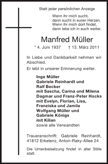 Traueranzeige von Manfred Müller von Super Sonntag / Super Mittwoch