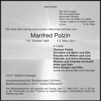 Traueranzeige von Manfred Polzin von Super Sonntag / Super Mittwoch