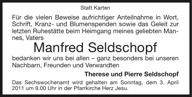  Traueranzeige für Manfred Seldschopf vom 27.03.2011 aus Super Sonntag / Super Mittwoch