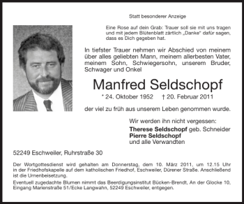 Traueranzeige von Manfred Seldschopf von Super Sonntag / Super Mittwoch