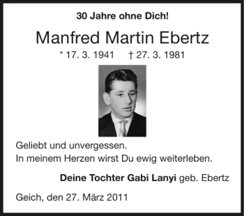 Traueranzeige von Manfred Martin Ebertz von Super Sonntag / Super Mittwoch