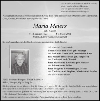 Traueranzeige von Maria Meiers von Aachener Zeitung / Aachener Nachrichten