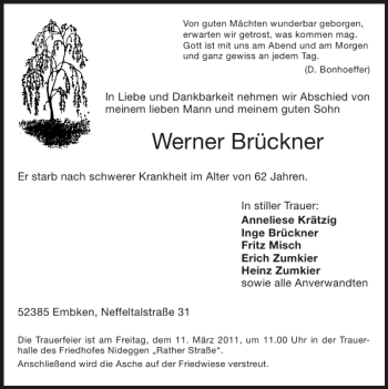 Traueranzeige von Werner Brückner von Super Sonntag / Super Mittwoch