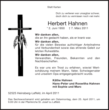 Traueranzeige von Herbert Hahnen von Aachener Zeitung / Aachener Nachrichten