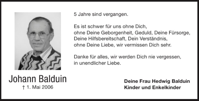  Traueranzeige für Johann Balduin vom 30.04.2011 aus Aachener Zeitung / Aachener Nachrichten