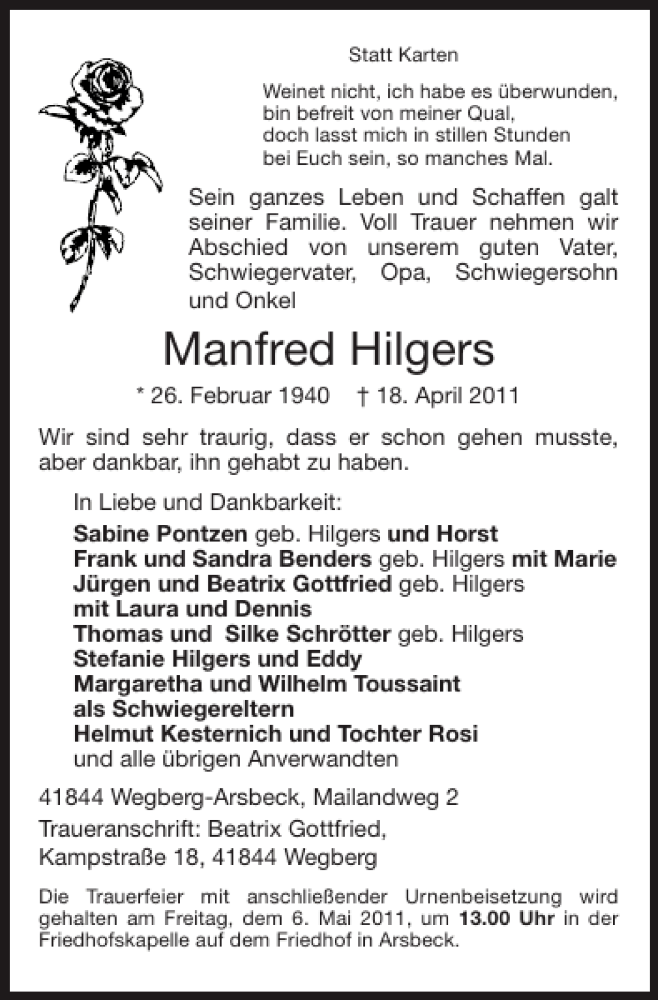  Traueranzeige für Manfred Hilgers vom 24.04.2011 aus Super Sonntag / Super Mittwoch