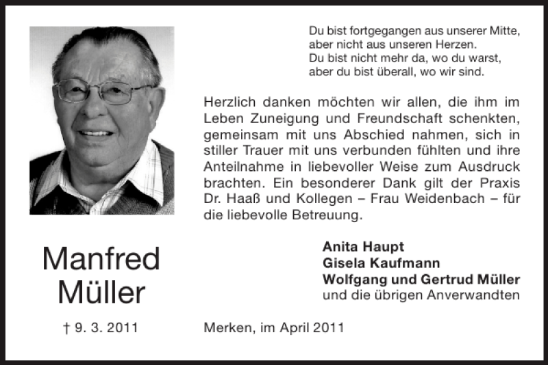  Traueranzeige für Manfred Müller vom 10.04.2011 aus Super Sonntag / Super Mittwoch