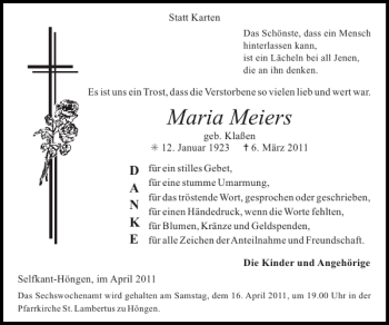 Traueranzeige von Maria Meiers von Super Sonntag / Super Mittwoch