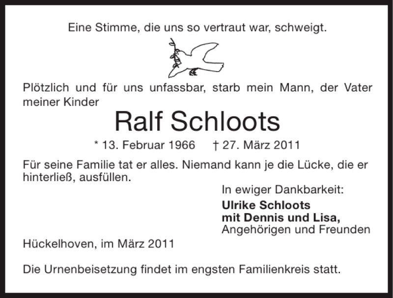  Traueranzeige für Ralf Schloots vom 03.04.2011 aus Super Sonntag / Super Mittwoch
