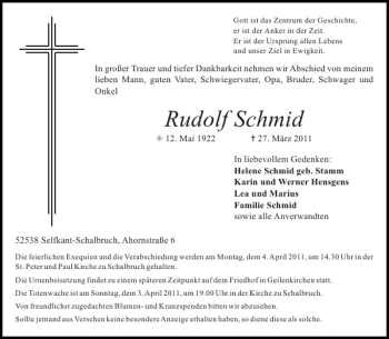 Traueranzeige von Rudolf Schmid von Aachener Zeitung / Aachener Nachrichten
