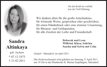 Traueranzeige von Sandra Altinkaya von Super Sonntag / Super Mittwoch