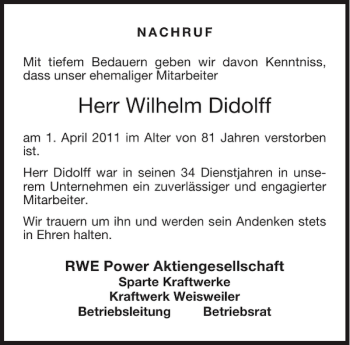 Traueranzeige von Wilhelm Didolff von Aachener Zeitung / Aachener Nachrichten