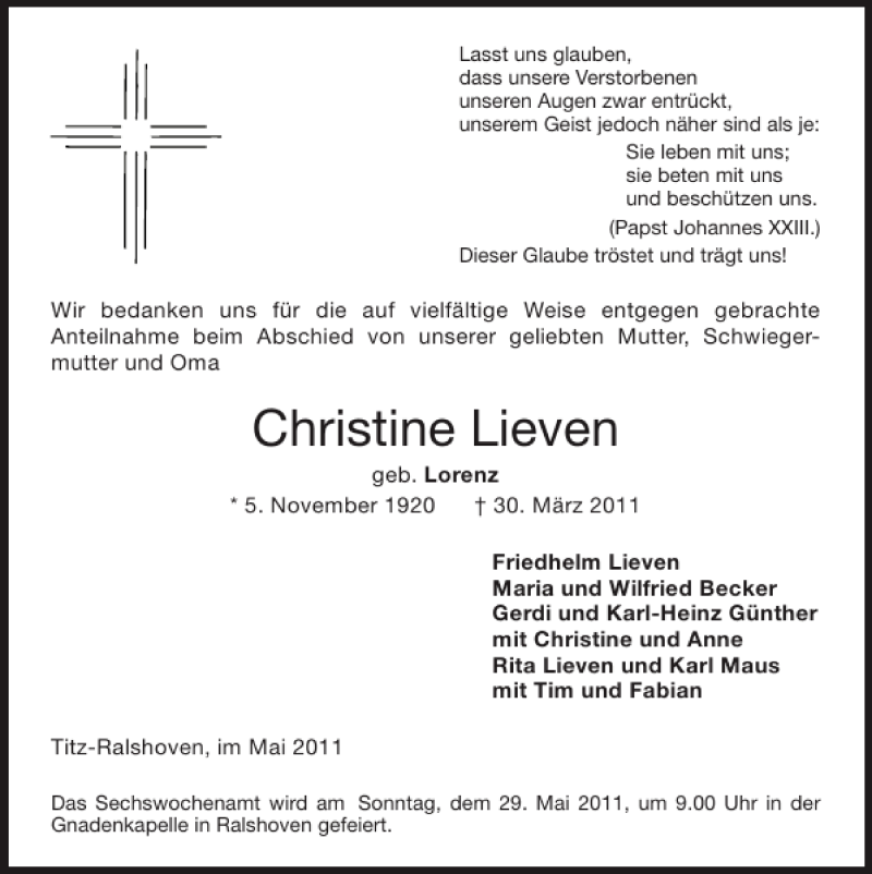 Traueranzeigen von Christine Lieven Aachen gedenkt