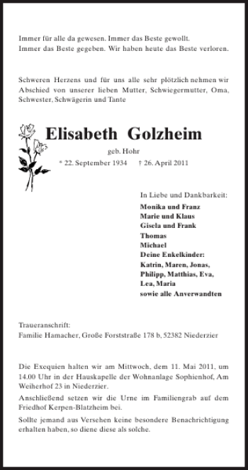 Traueranzeige von Elisabeth Golzheim von Super Sonntag / Super Mittwoch