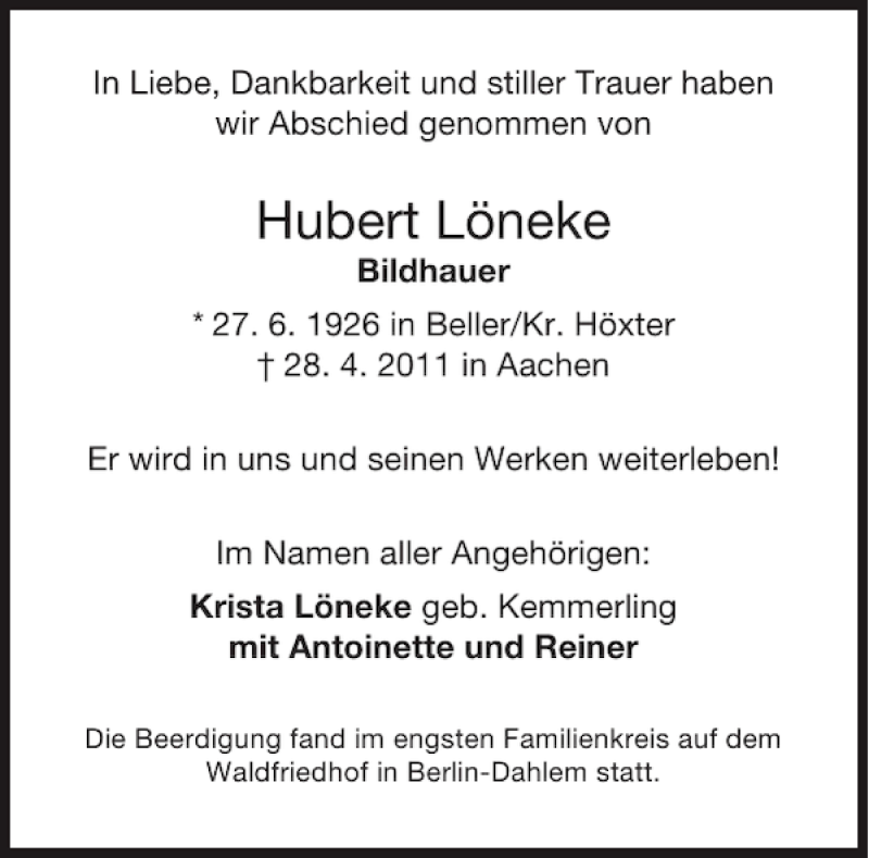  Traueranzeige für Hubert Löneke vom 21.05.2011 aus Aachener Zeitung / Aachener Nachrichten