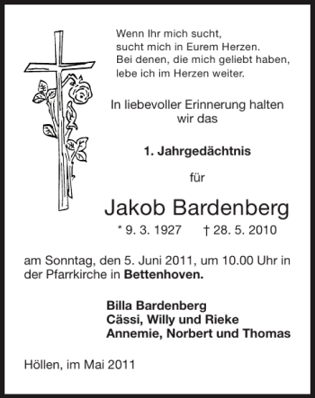 Traueranzeige von Jakob Bardenberg von Super Sonntag / Super Mittwoch