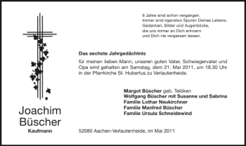 Traueranzeige von Joachim Büscher von Aachener Zeitung / Aachener Nachrichten