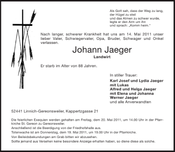 Traueranzeige von Johann Jaeger von Aachener Zeitung / Aachener Nachrichten