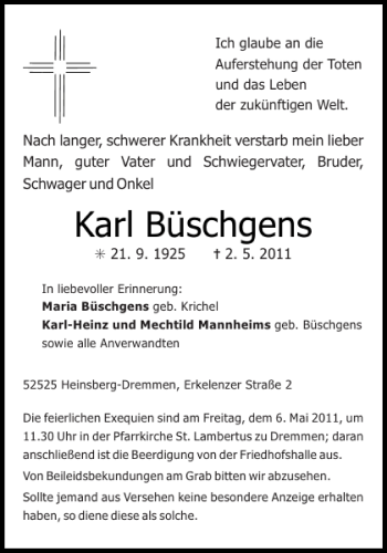 Traueranzeige von Karl Büschgens von Aachener Zeitung / Aachener Nachrichten