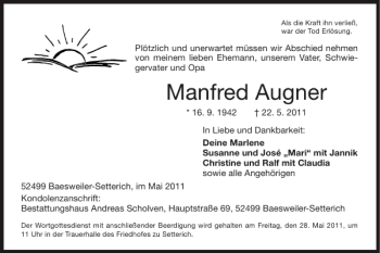 Traueranzeige von Manfred Augner von Super Sonntag / Super Mittwoch