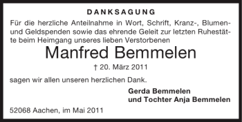 Traueranzeige von Manfred Bemmelen von Super Sonntag / Super Mittwoch