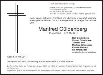 Traueranzeige von Manfred Güldenberg von Aachener Zeitung / Aachener Nachrichten