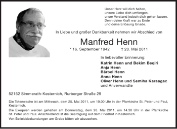 Traueranzeige von Manfred Henn von Aachener Zeitung / Aachener Nachrichten