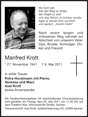 Traueranzeige von Manfred Krott von Aachener Zeitung / Aachener Nachrichten