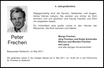 Traueranzeige von Peter Frechen von Aachener Zeitung / Aachener Nachrichten