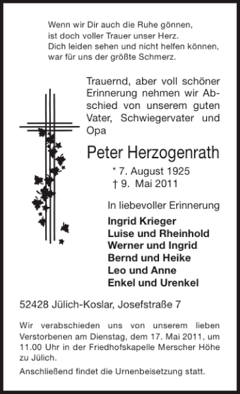 Traueranzeige von Peter Herzogenrath von Super Sonntag / Super Mittwoch