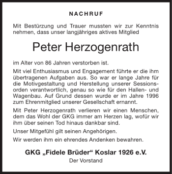 Traueranzeige von Peter Herzogenrath von Super Sonntag / Super Mittwoch