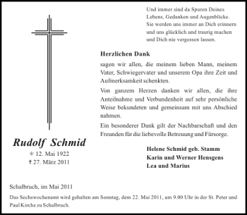 Traueranzeige von Rudolf Schmid von Aachener Zeitung / Aachener Nachrichten