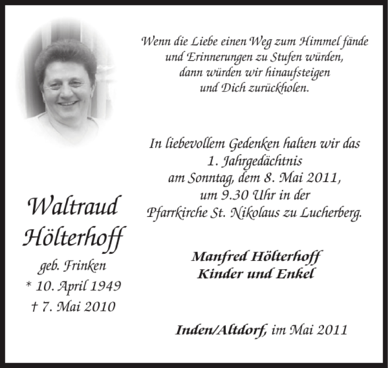  Traueranzeige für Waltraud Hölterhoff vom 01.05.2011 aus Super Sonntag / Super Mittwoch