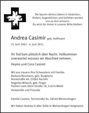 Traueranzeige von Andrea Casimir von Aachener Zeitung / Aachener Nachrichten