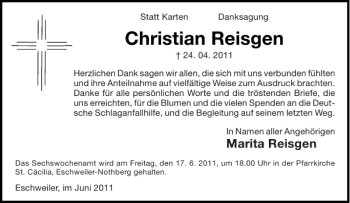 Traueranzeige von Christian Reisgen von Aachener Zeitung / Aachener Nachrichten