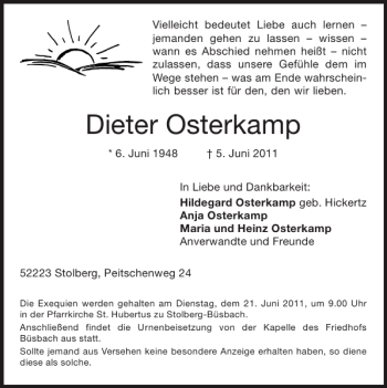 Traueranzeige von Dieter Osterkamp von Super Sonntag / Super Mittwoch