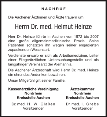 Traueranzeige von Dr. med. Helmut Heinze von Aachener Zeitung / Aachener Nachrichten