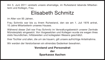 Traueranzeige von Elisabeth Schmitz von Aachener Zeitung / Aachener Nachrichten