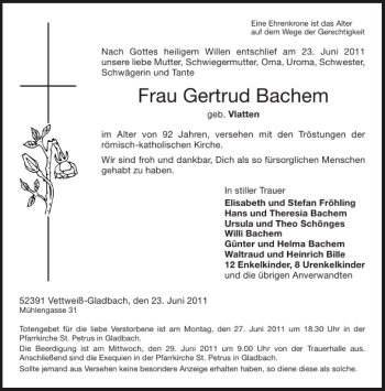Traueranzeige von Frau Gertrud Bachem von Aachener Zeitung / Aachener Nachrichten